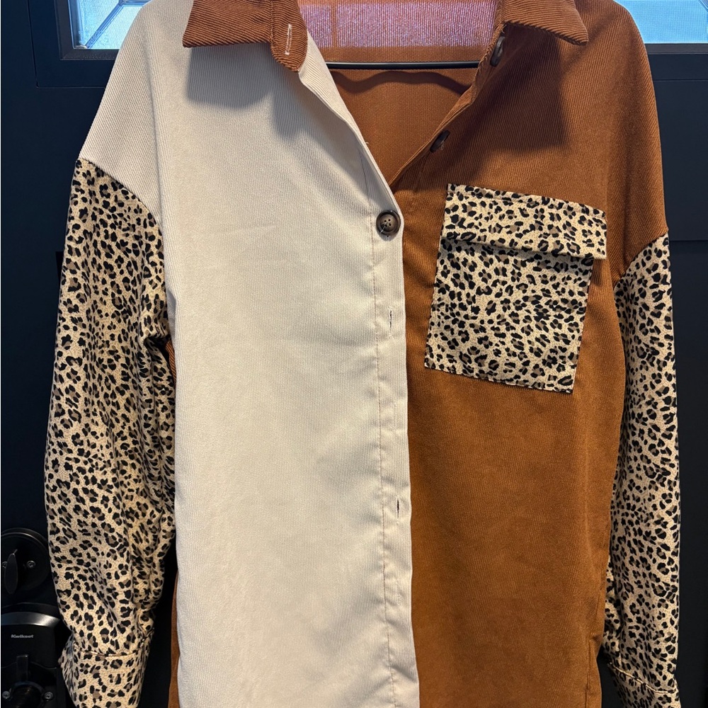 Two-Tone Leopard Print Button-Up Shirt